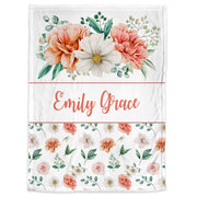 Girl baby blanket, flowers swaddle name blanket, personalized newborn baby gift, flowers, pink coral and white blanket with flowers