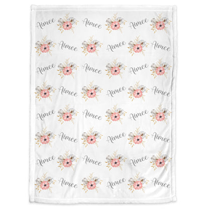 Pink flowers baby blanket, personalized baby name gift, pink and gray flowers, girl newborn gift, floral swaddle blanket