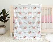 Pink flowers baby blanket, personalized baby name gift, pink and gray flowers, girl newborn gift, floral swaddle blanket