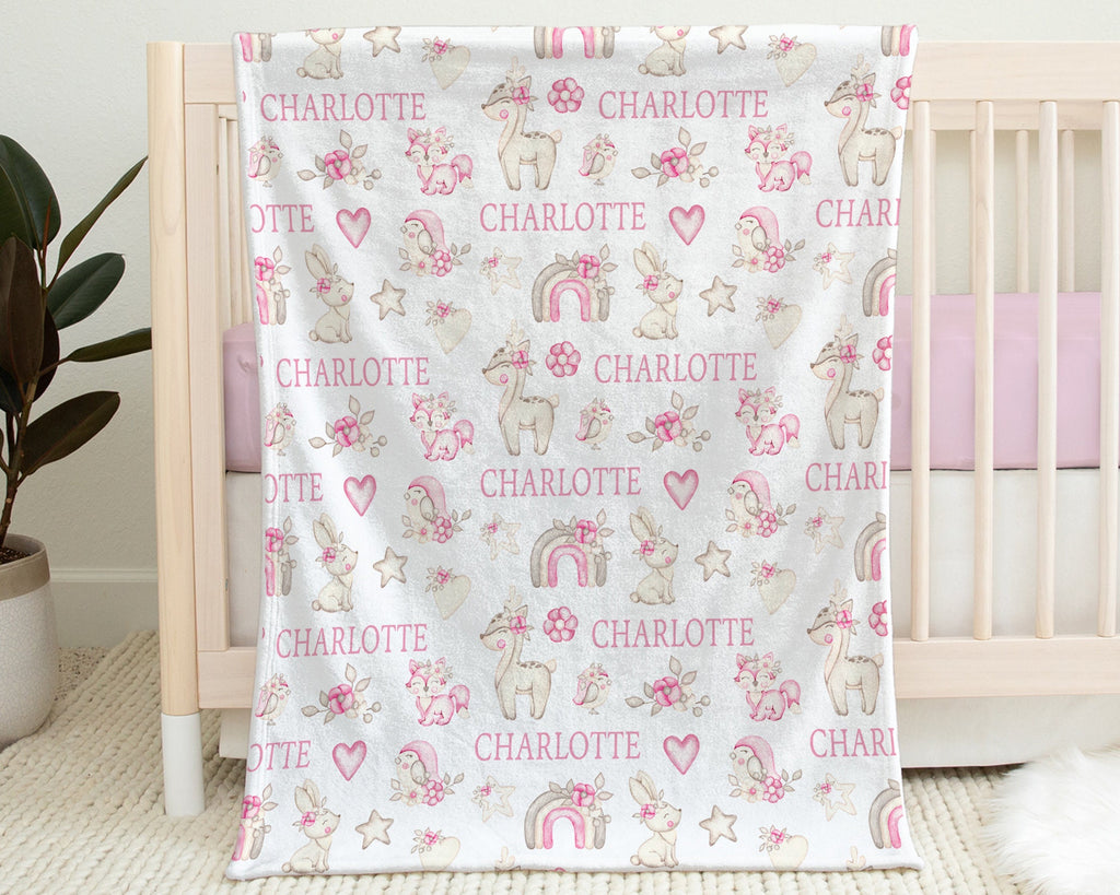 Boho forest baby blanket, rainbow, fox, bunny, deer, bird, flowers, newborn swaddle with name, nursery nature girl wilderness baby gift