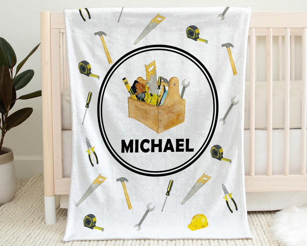 Personalized baby name blanket with work tools, construction tool personalized gift for boy or girl, newborn toold swaddle blanket