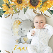 Elephant sunflowers baby blanket, sunflower personalized baby gift, blanket with elephants and name, girl swaddle blanket, flowers elephant