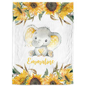 Elephant sunflowers baby blanket, sunflower personalized baby gift, blanket with elephants and name, girl swaddle blanket, flowers elephant