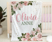 Rose personalized baby girl blanket, newborn name blanket with flowers, rose floral baby gift, floral baby girl pink swaddle (CHOOSE COLORS)
