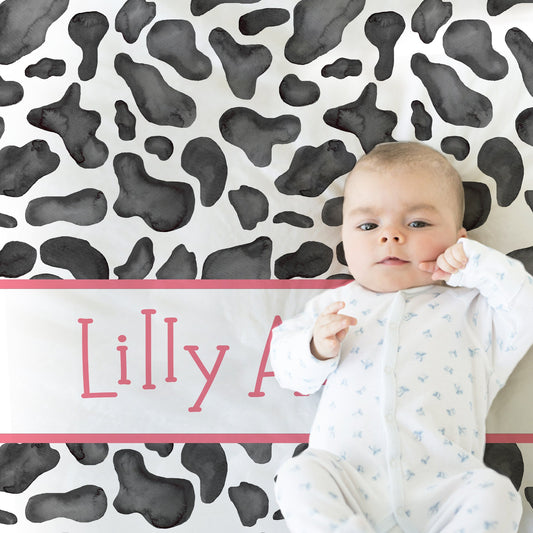 Cow pattern baby name blanket, pretty black cow baby blanket with pink name, personalized girl floral farm gift, toddler, big kid size