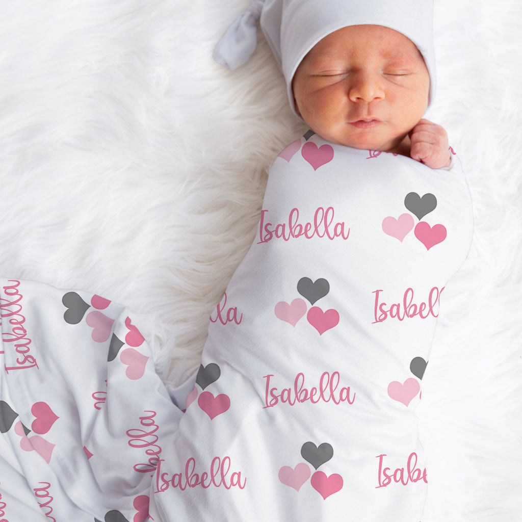 Hearts Pink and Gray Swaddle Blanket - Jersey
