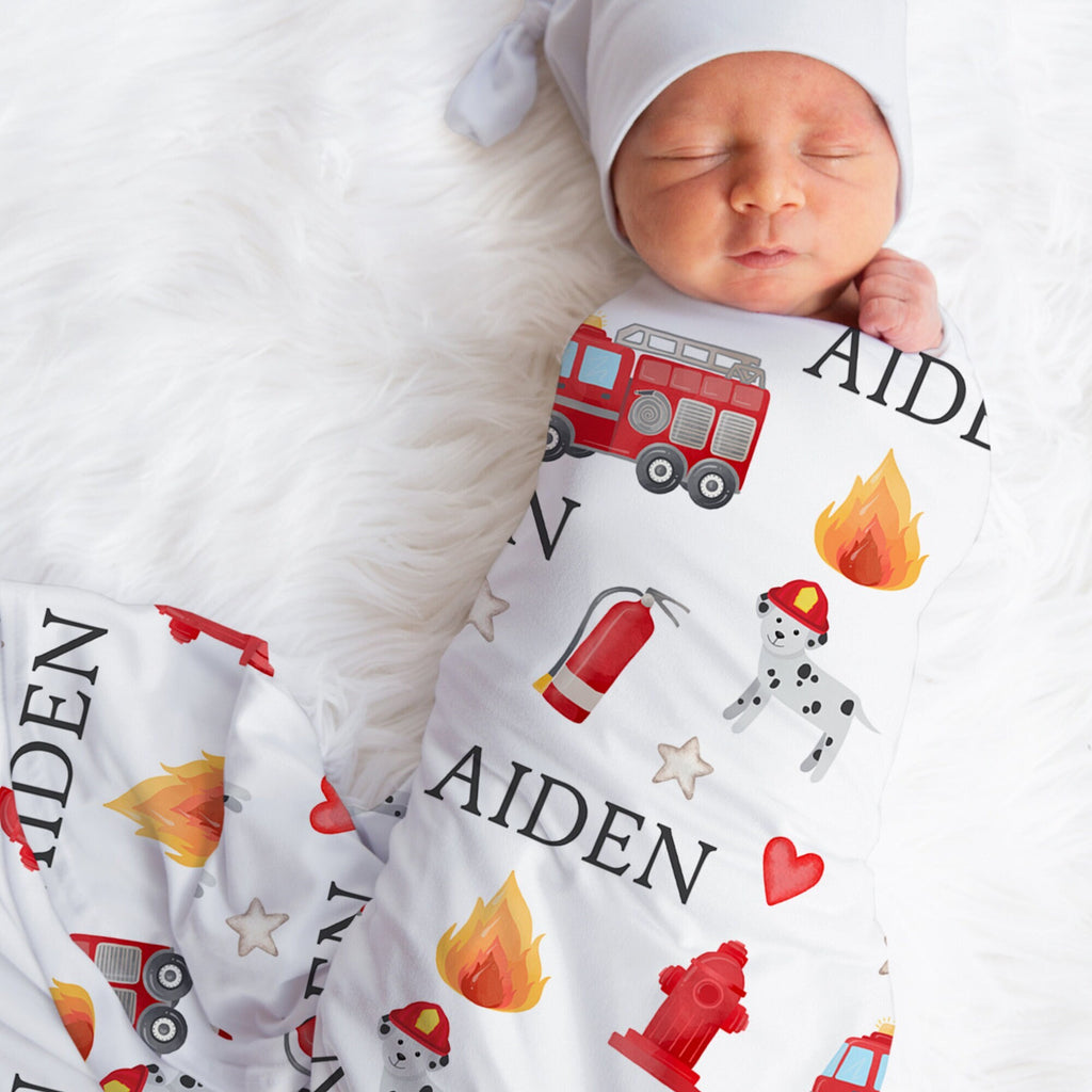 Firetruck swaddle blanket, fire fighter personalized baby boy newborn name blanket with Dalmatian fire dog, hydrant, baby boy gift