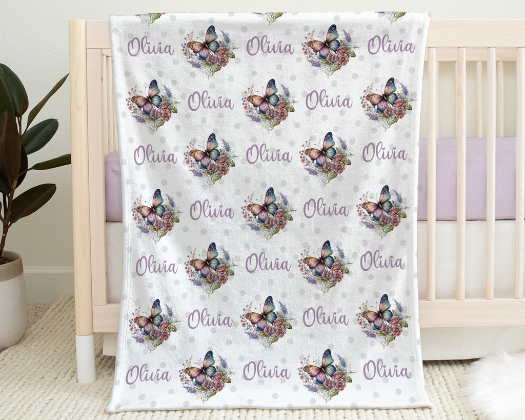 Butterfly baby girl blanket, flower butterfly newborn swaddle blanket with name, floral baby girl gift, personalized baby blanket