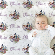 Butterfly baby girl blanket, flower butterfly newborn swaddle blanket with name, floral baby girl gift, personalized baby blanket