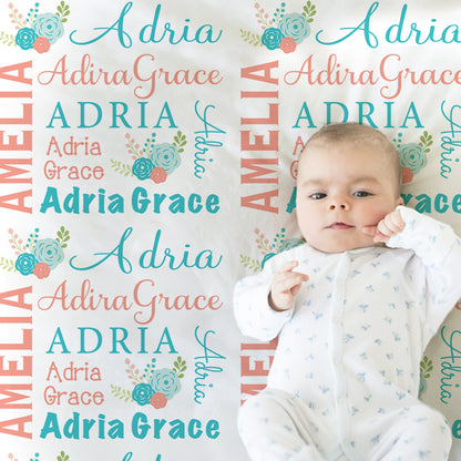 Coral floral baby blanket, newborn personalized girl name blanket with flowers, floral baby gift, newborn coral and aqua swaddle blanket