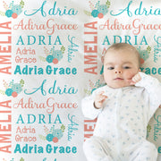 Coral floral baby blanket, newborn personalized girl name blanket with flowers, floral baby gift, newborn coral and aqua swaddle blanket
