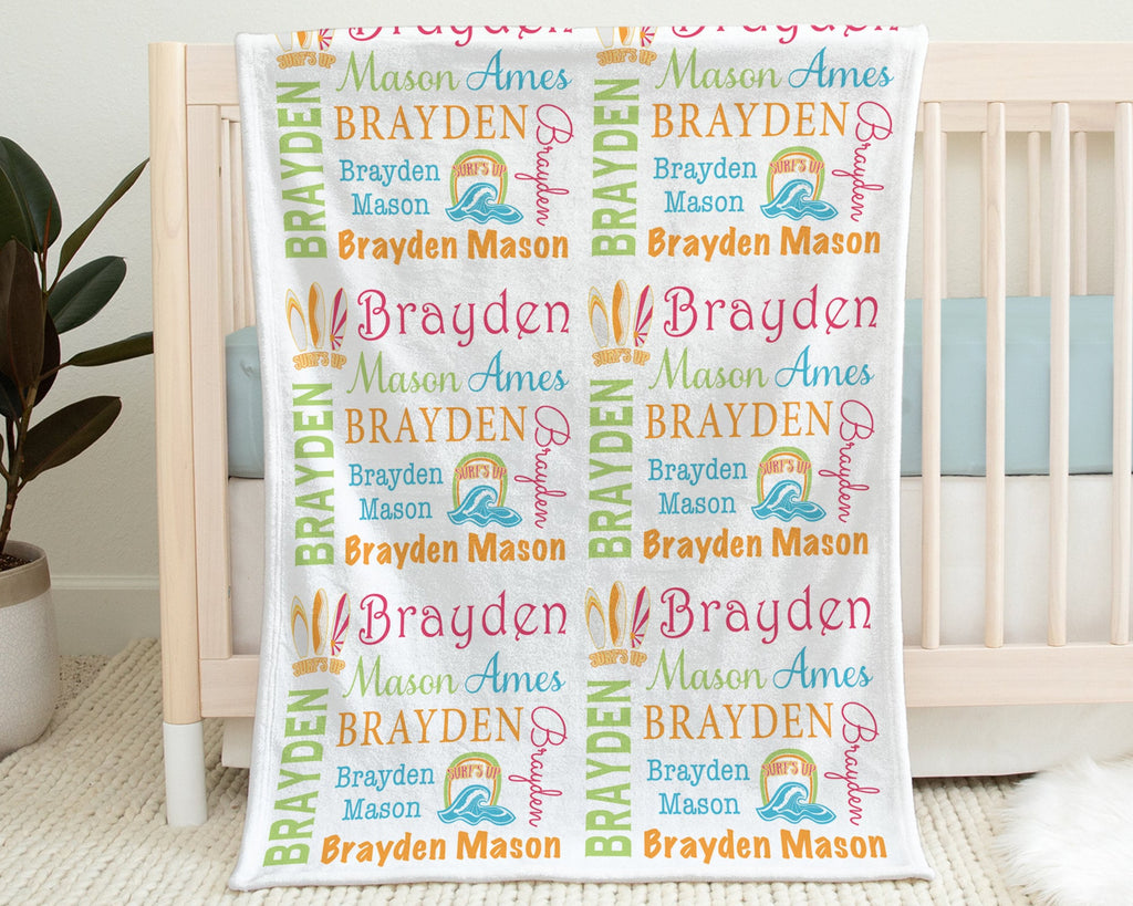 Newborn surfboard baby blanket, surfing wave name blanket, personalized newborn beach wave baby gift, bright summer surf wave swaddle