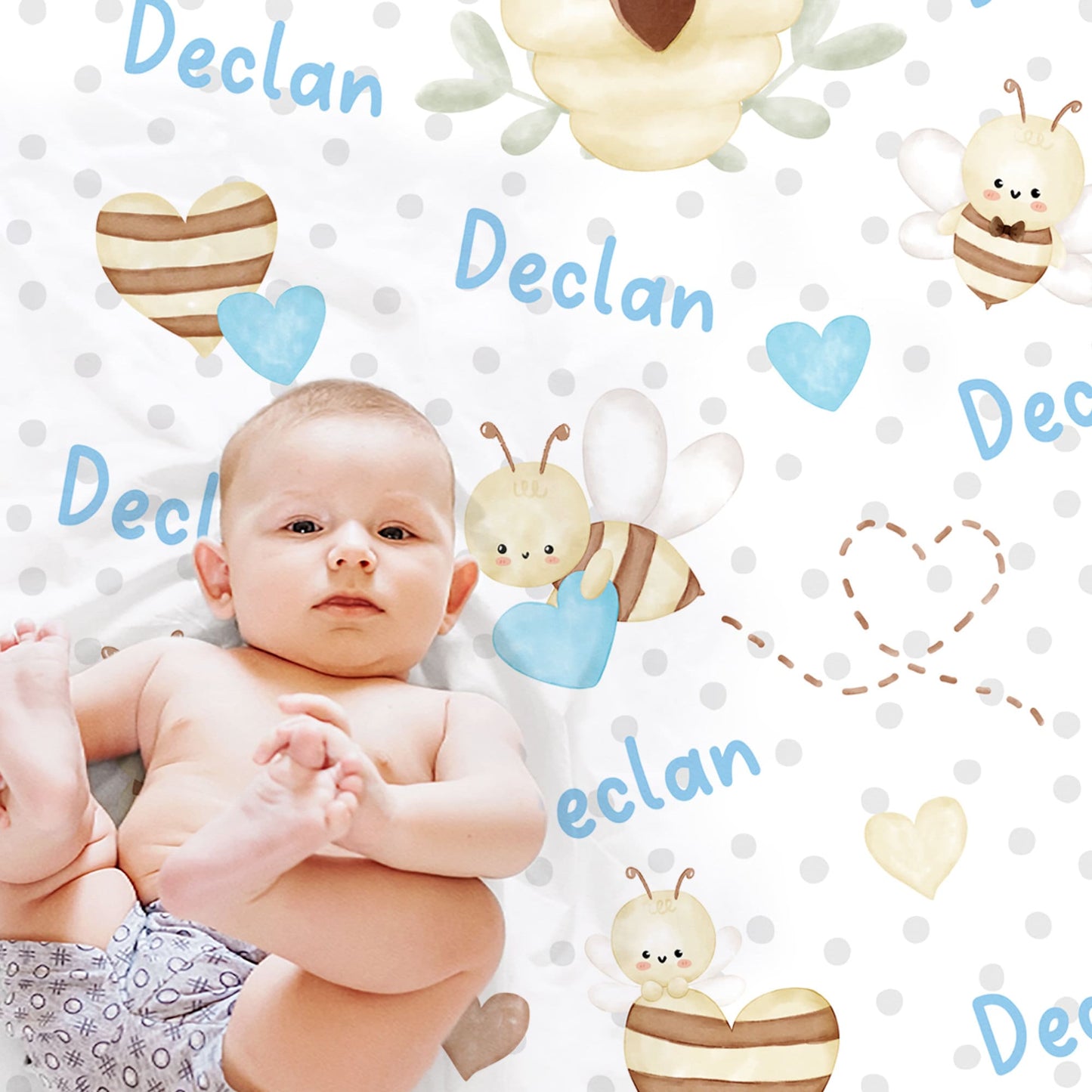 Bee boy baby blanket, bumble bee name blanket, personalized newborn swaddle blanket with bees and hearts, valentines boys baby gift blue bee