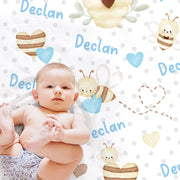 Bee boy baby blanket, bumble bee name blanket, personalized newborn swaddle blanket with bees and hearts, valentines boys baby gift blue bee