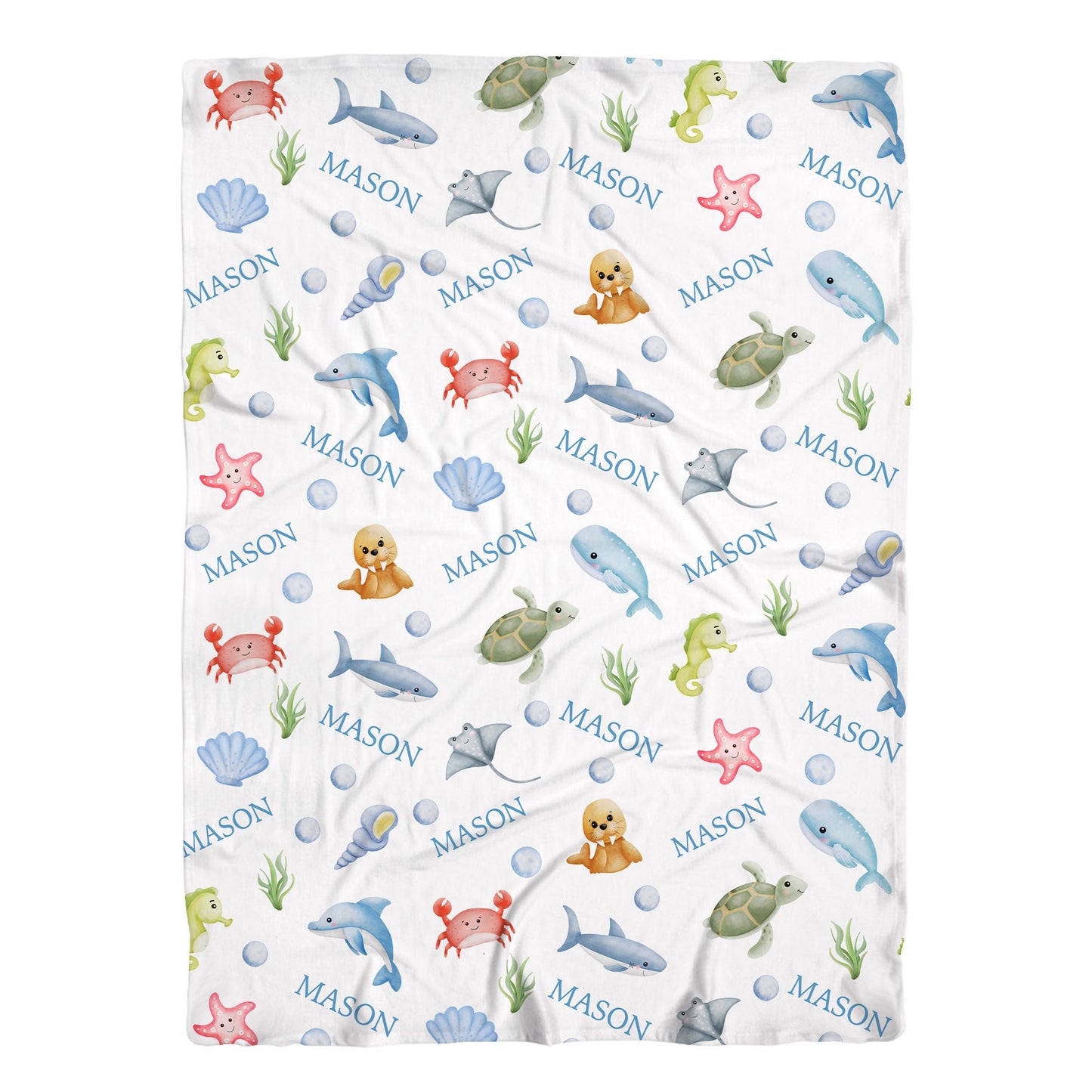 Personalized Jersey Ocean Animals Girls Swaddle Baby Name Blanket, O2