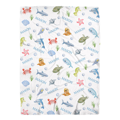 Personalized Jersey Ocean Animals Girls Swaddle Baby Name Blanket, O2