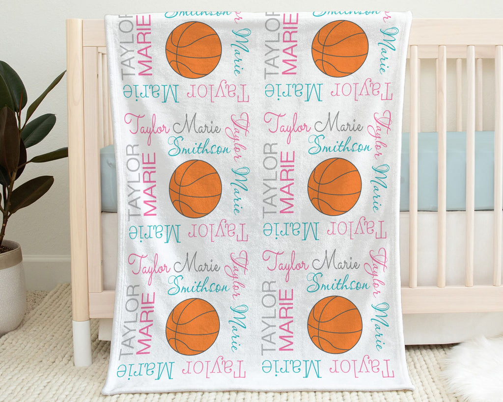 Basketball baby blanket, personalized girls baseketball blanket with name, newborn sports ball swaddle blanket, pink basketball baby gift