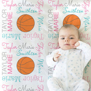 Basketball baby blanket, personalized girls baseketball blanket with name, newborn sports ball swaddle blanket, pink basketball baby gift
