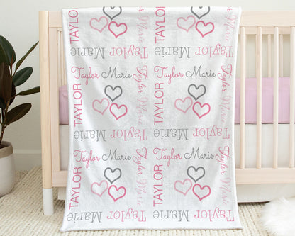 Hearts baby girl blanket, personalized swaddle blanket with hearts, pink and gray sweetheart blanket, newborn baby heart gift with name
