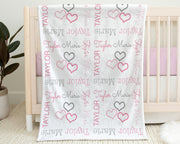Hearts baby girl blanket, personalized swaddle blanket with hearts, pink and gray sweetheart blanket, newborn baby heart gift with name