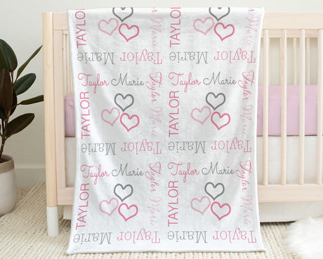 Hearts baby girl blanket, personalized swaddle blanket with hearts, pink and gray sweetheart blanket, newborn baby heart gift with name