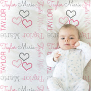 Hearts baby girl blanket, personalized swaddle blanket with hearts, pink and gray sweetheart blanket, newborn baby heart gift with name
