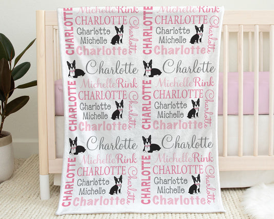 Personalized Boston Terrier Baby Name Blanket Girl