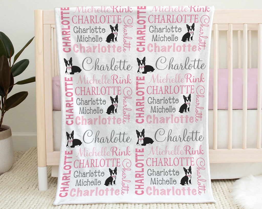 Boston terrier baby blanket, girl boston terrier dog swaddle blanket, newborn personalized baby gift with name, pink terrier swaddle blanket