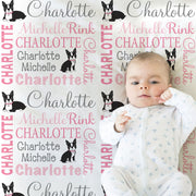 Boston terrier baby blanket, girl boston terrier dog swaddle blanket, newborn personalized baby gift with name, pink terrier swaddle blanket