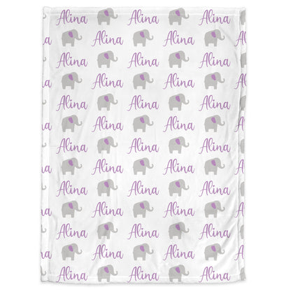 Personalized Elephant Baby Name Blanket Girl Purple