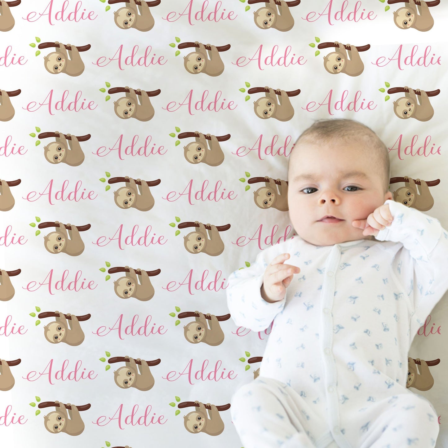 Sloth baby blanket with name, personalized sloth bear baby girl swaddle blanket, newborn sloth baby gift, pink sloths blanket with name