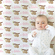 Sloth baby blanket with name, personalized sloth bear baby girl swaddle blanket, newborn sloth baby gift, pink sloths blanket with name