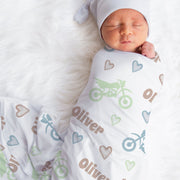 Dirt Bike baby blanket in blue green and brown