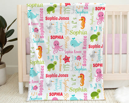 Under the sea baby name blanket, baby girl blanket with ocean animals, personalized newborn sea animal swaddle, under the sea baby gift