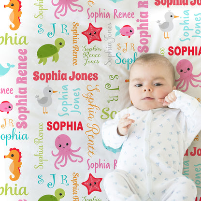 Under the sea baby name blanket, baby girl blanket with ocean animals, personalized newborn sea animal swaddle, under the sea baby gift