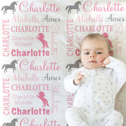 Unicorn baby blanket, pink unicorn swaddle blanket, personalized name blanket with pink and gray unicorns, newborn unicorns baby gift