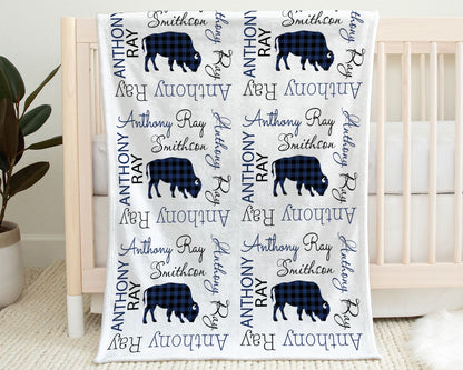 Plaid buffalo blanket for baby boys, personalized swaddle newborn blanket with buffalos, navy and black buffalo baby gift with name
