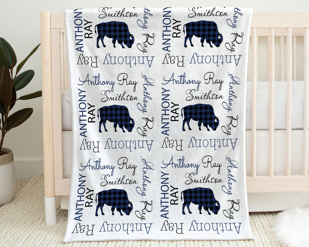 Plaid buffalo blanket for baby boys, personalized swaddle newborn blanket with buffalos, navy and black buffalo baby gift with name