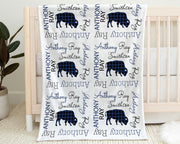 Plaid buffalo blanket for baby boys, personalized swaddle newborn blanket with buffalos, navy and black buffalo baby gift with name