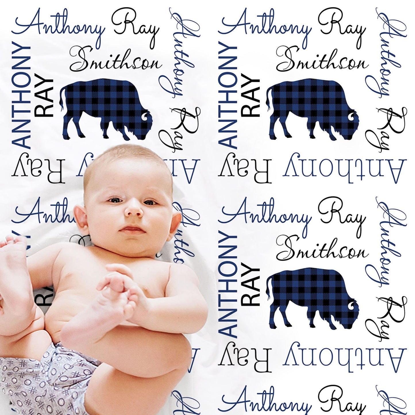Plaid buffalo blanket for baby boys, personalized swaddle newborn blanket with buffalos, navy and black buffalo baby gift with name