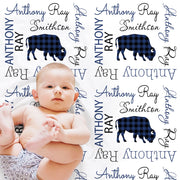 Plaid buffalo blanket for baby boys, personalized swaddle newborn blanket with buffalos, navy and black buffalo baby gift with name