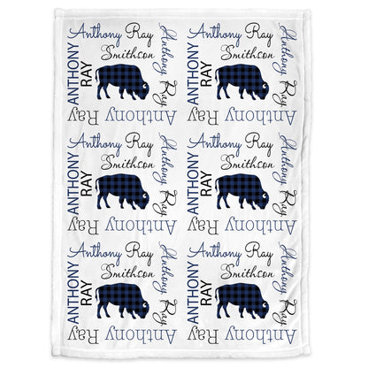 Plaid buffalo blanket for baby boys, personalized swaddle newborn blanket with buffalos, navy and black buffalo baby gift with name