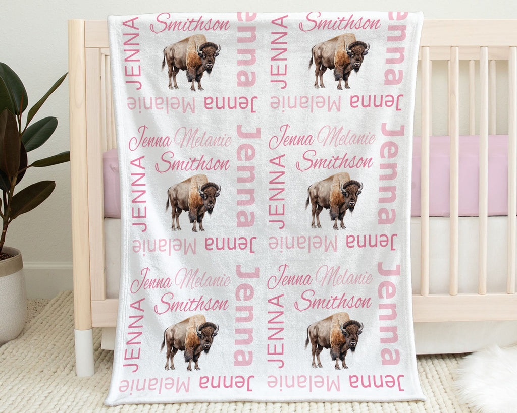 Girls buffalo personalized blanket, newborn baby name blanket with buffalo, buffalo baby girl swaddle, pink buffalo baby gift with name