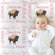 Girls buffalo personalized blanket, newborn baby name blanket with buffalo, buffalo baby girl swaddle, pink buffalo baby gift with name