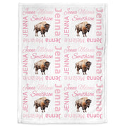 Girls buffalo personalized blanket, newborn baby name blanket with buffalo, buffalo baby girl swaddle, pink buffalo baby gift with name