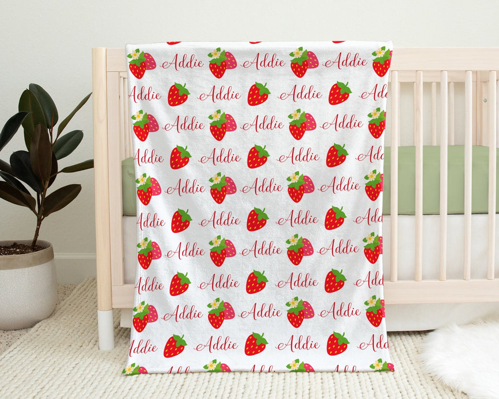 Personalized strawberry baby blanket, newborn strawberries girl blanket with name, strawberries theme swaddle baby gift, (CHOOSE COLORS)
