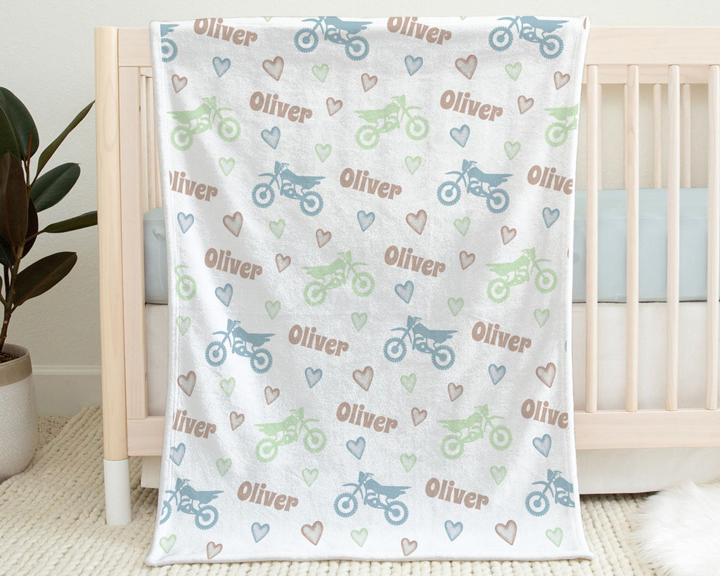 Dirt Bike name blanket, boyl personalized blanket, motorcycle baby gift, personalized swaddle motocross blanket, blue green brown