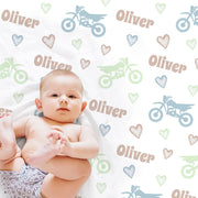 Dirt Bike name blanket, boyl personalized blanket, motorcycle baby gift, personalized swaddle motocross blanket, blue green brown
