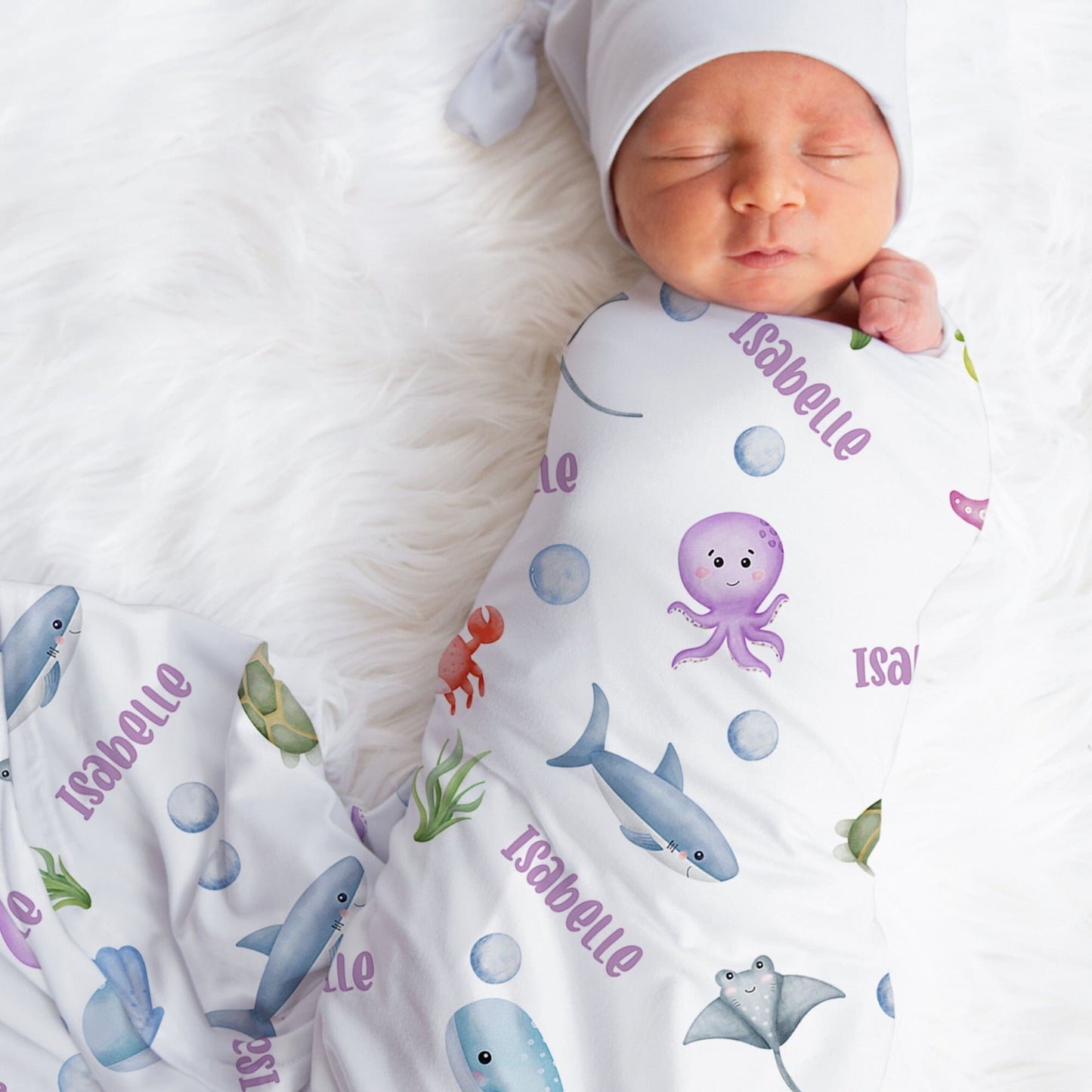 Personalized Jersey Ocean Animals Swaddle Baby Blanket, O1