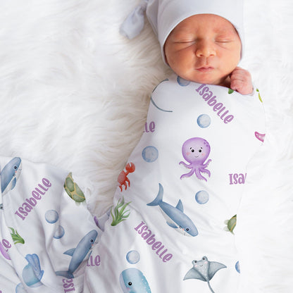 Personalized Jersey Ocean Animals Swaddle Baby Blanket, O1